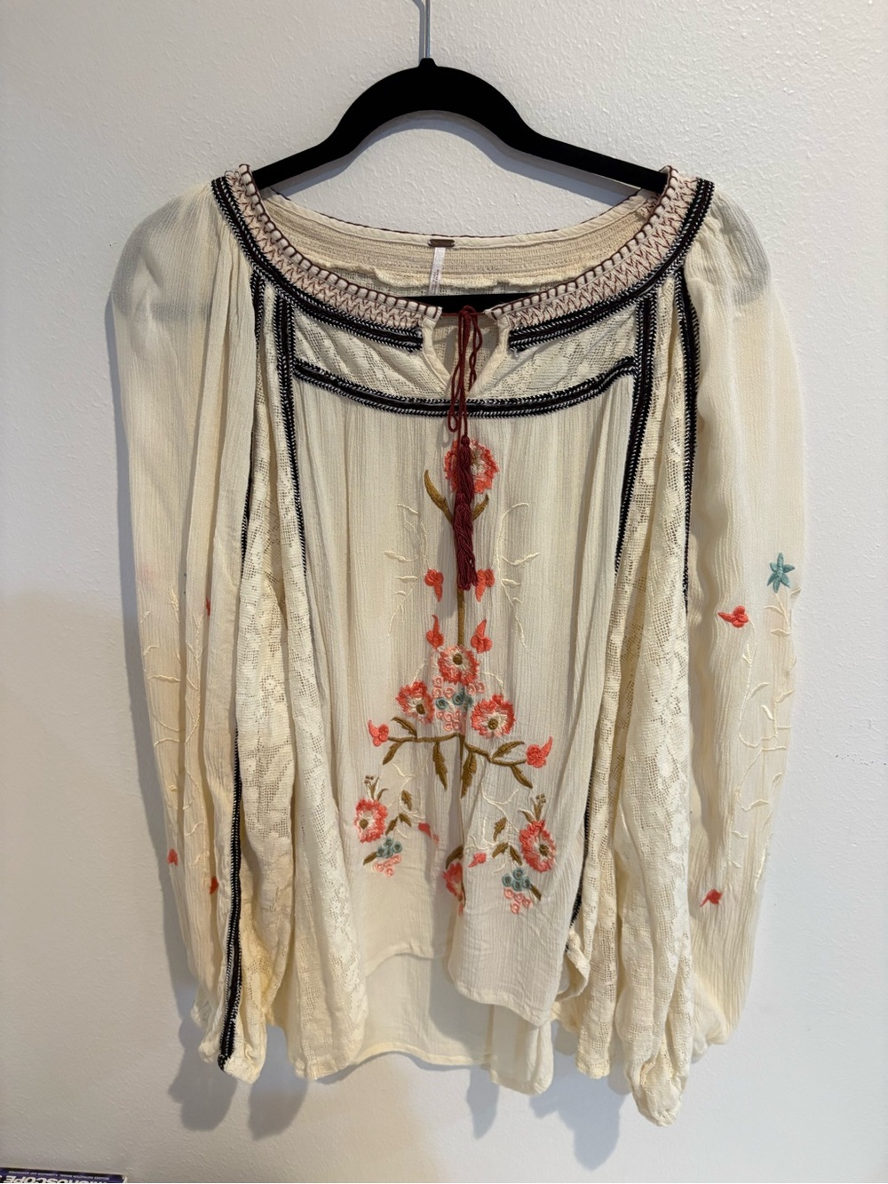 Free People Cream Embroidered Floral Boho Tunic